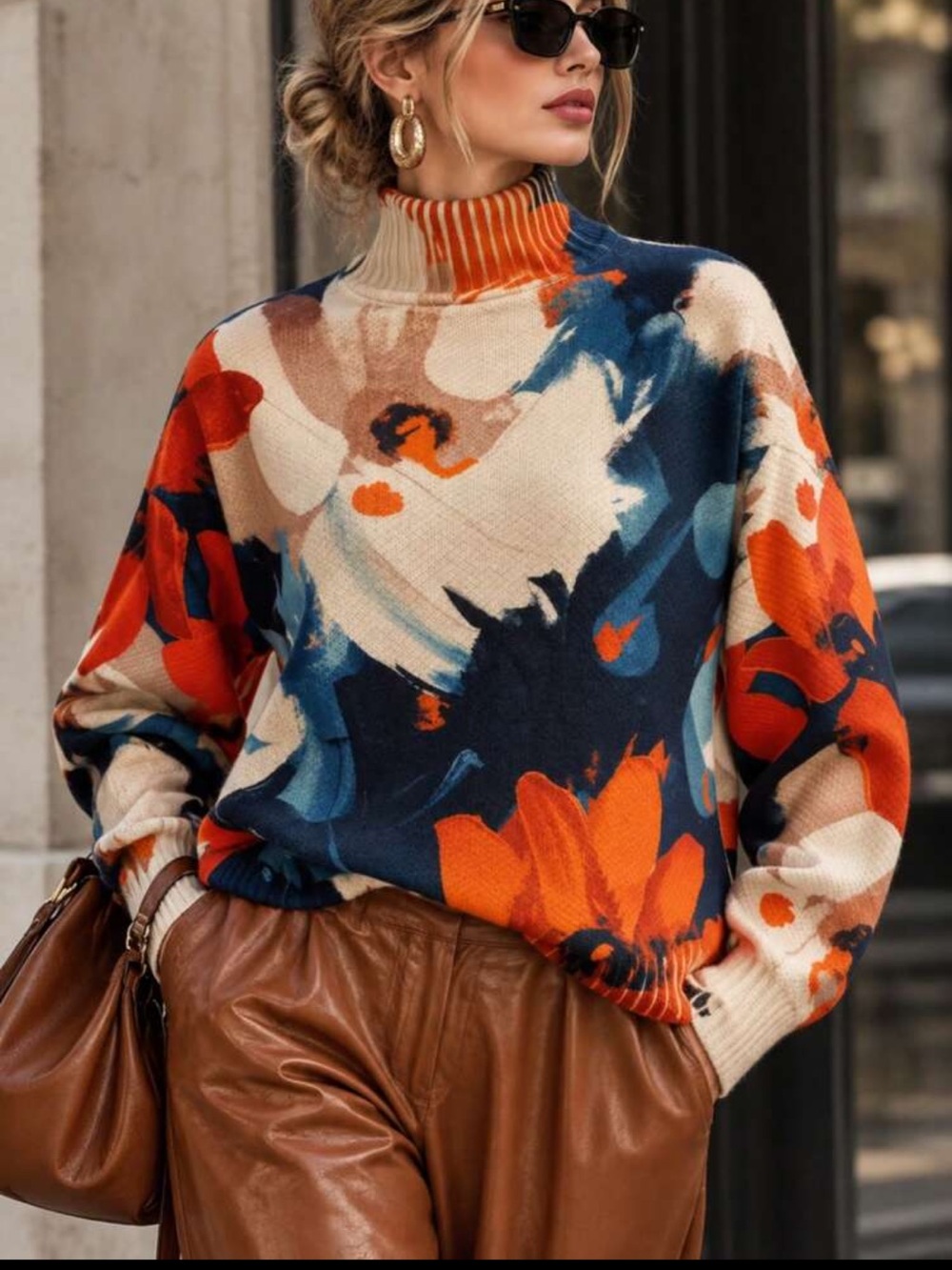Luxe Floral Print Cowl Neck Long Sleeve Knit Top Sweater New